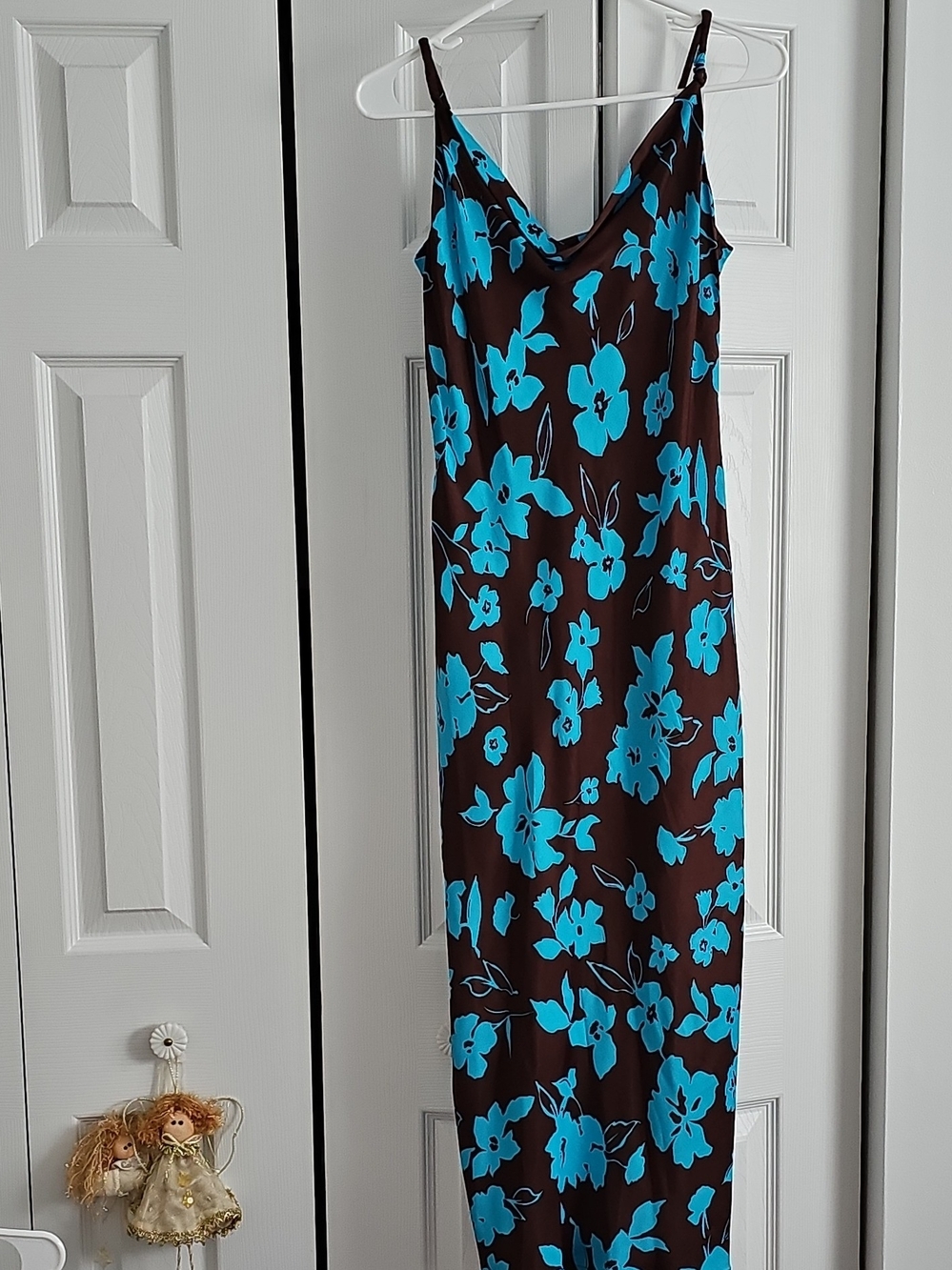 Urban  Revivo Brown Maxi Slip Dress with Turquoise Floral Print, Viscose, 8
